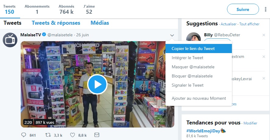 Copier l'url d'un tweet video